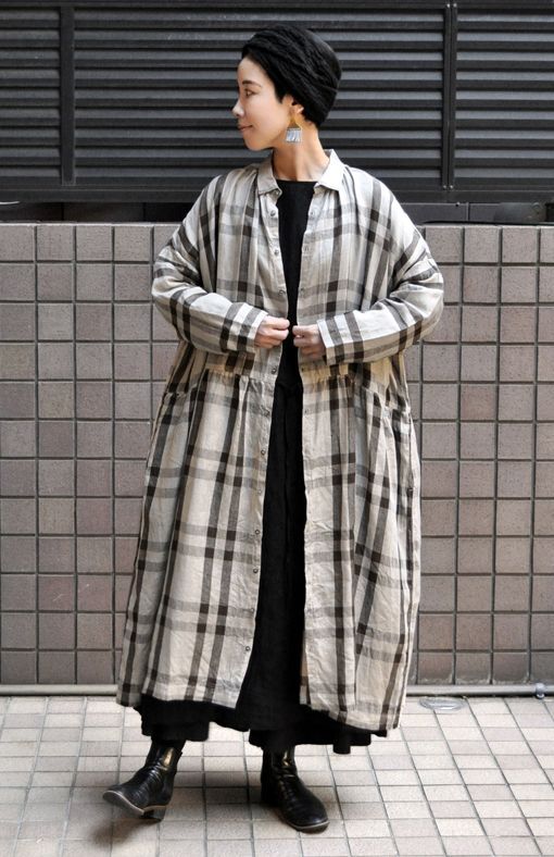 日本製イチアンティークス　リネンヴィンテージチェックシャツドレス